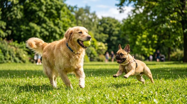 Playful golden retriever dog running with a tennis ball accompanied by a french bulldog in a sunny park
