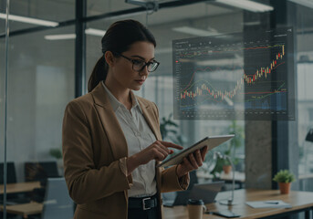 Fototapeta premium Businesswoman Analyzing Stocks on Tablet