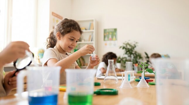 Children in a classroom conducting a science experiment with beakers and magnifying glass