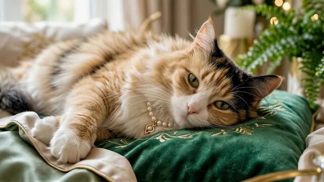 Calico cat wearing pearl necklace relaxing on green velvet pillow. Fluffy feline resting in cozy interior during indoor portrait session for pet beauty salon.