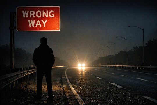 A person stands beside a wrong way traffic sign on a road or highway