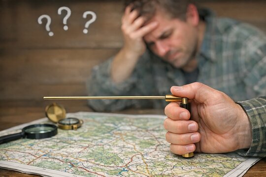 A person examining a map with question marks, possibly seeking directions or planning a journey
