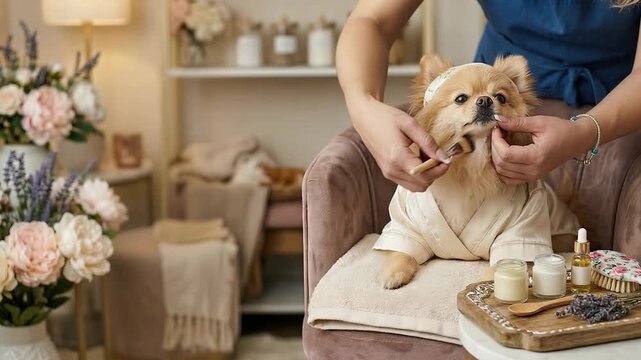 Groomer applying face mask to pomeranian dog in spa salon. Woman performing pet skincare procedure. Cute dog wearing robe during cosmetic treatment in beauty studio.