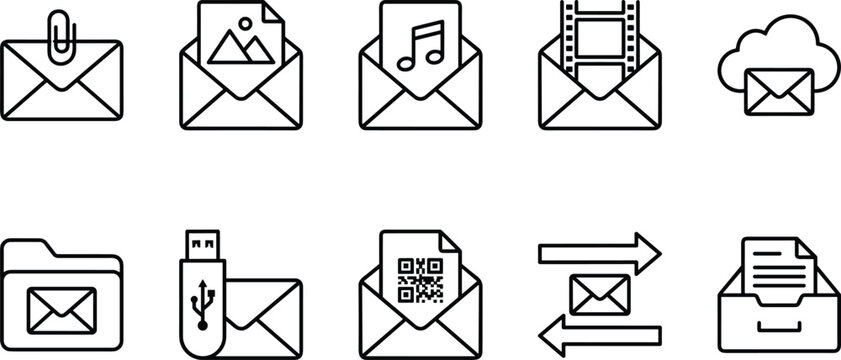 Email Attachments and Message Multimedia Line Icon Set Featuring Images Audio Video Cloud Storage USB Flash Drive QR Code and Archive Management Symbols
