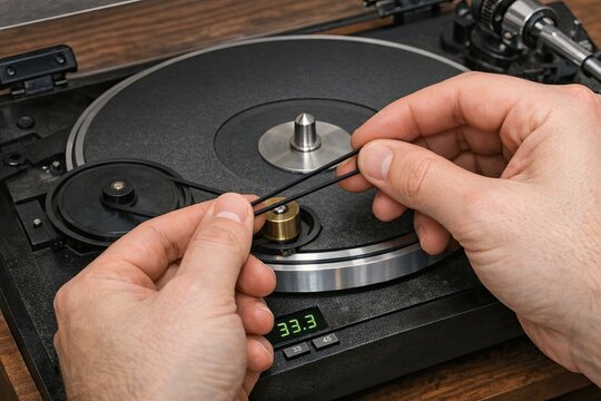 A person holds a pair of scissors to a turntable, ready for creative manipulation