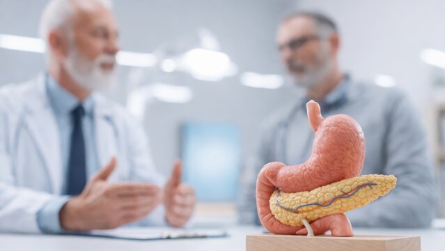 Medical professionals discuss human digestion using anatomical model in clinic setting