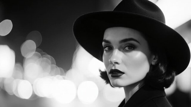 Close up black and white portrait of a femme fatale in a hat