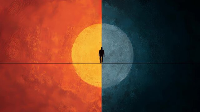 Silhouetted Figure Standing on Tightrope Balancing Between Warm and Cool Abstract Backdrops