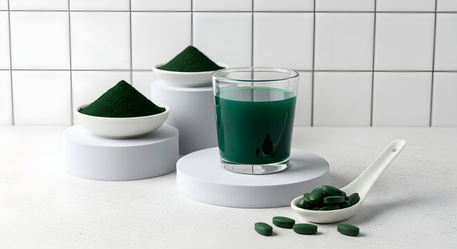 Spirulina powder, tablets and drink in glass isolated on white background