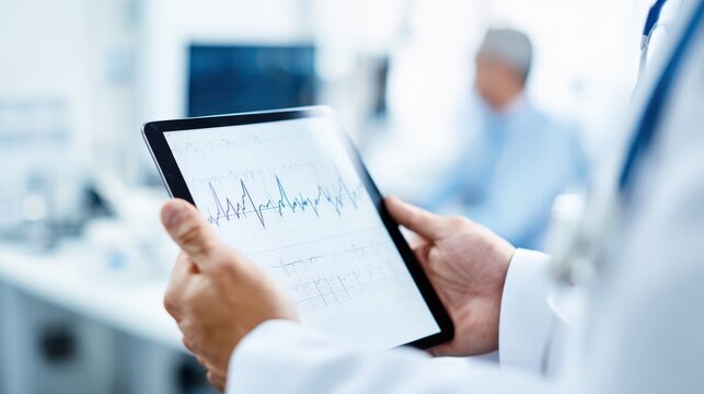 ENT specialist reviews audiogram chart on tablet in clinical setting with patient present