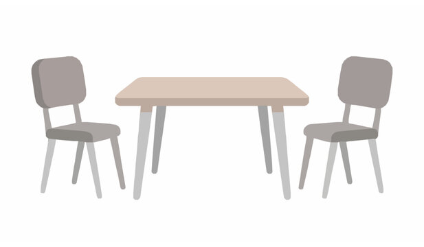 Minimalist modern wooden dining table and grey chairs vector illustration isolated on white background