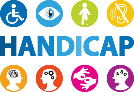 Handicap. Invalidit&eacute;. Handicaps visibles et invisibles. Illustration vectorielle dessin&eacute;e &agrave; la main avec lettres bleues en majsucules et pictogrammes color&eacute;s II. Mot en fran&ccedil;ais.