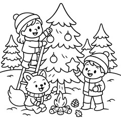 Fototapeta premium Cartoon Animals and Children Decorating Christmas Tree