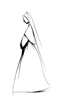 Minimalist woman silhouette ink illustration. Stylized bride in wedding dress or sacred holy female figure with veil isolated on white background.
