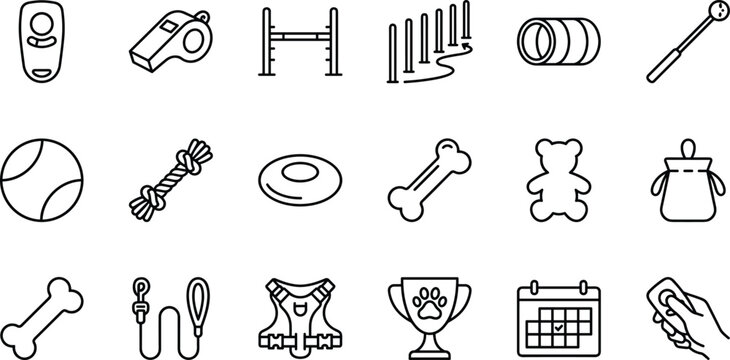 Dog Training and Agility Equipment Line Icon Set Featuring Obstacles Toys Leashes Clickers and Pet Care Accessories for Domestic Animal Activities