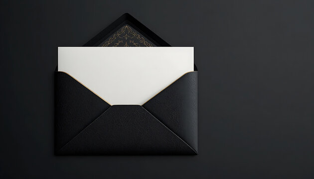 Black envelope with white insert, partially opened on dark background, paper