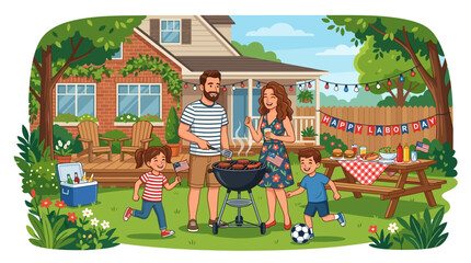 Fototapeta premium Labor Day Backyard BBQ Family Celebration at Sunset in American Home Vector Illustration