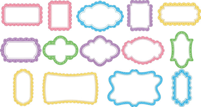 Colorful decorative frame collection with scalloped borders in multiple shapes for labels, stickers and playful design vector set
