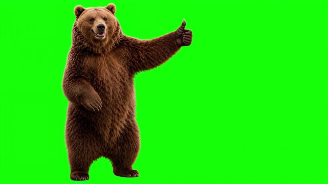 Realistic 3D grizzly bear giving thumbs up gesture with subtle smile, isolated on chroma key green screen background. Real animal character. Photorealistic. 