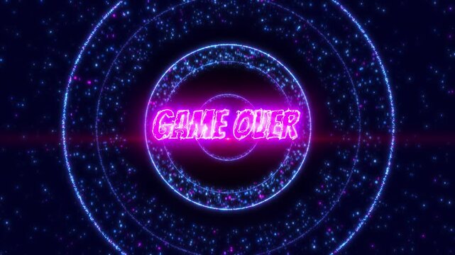 Neon Game Over Sign Glowing In Digital Cyberpunk Tunnel With Floating Binary Code Particles, Abstract Sci-fi Motion Graphics Background, Intense Pink And Blue Cybernetic Visuals For Modern Gaming And 