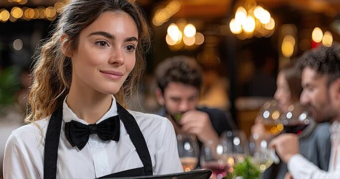 Smiling waitress serving diners in restaurant interior scene
