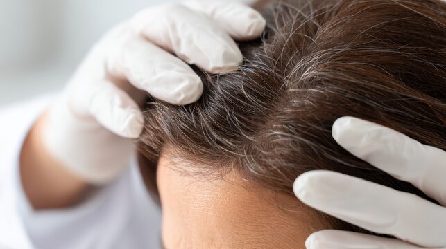 Dermatologist examining scalp with trichoscopy in a medical setting during daylight