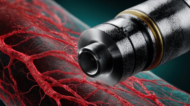 Macro view of microvascular coupler device with artery model in focus