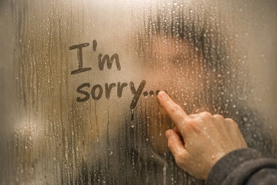A person writes 'I'm sorry' on a window with a pen
