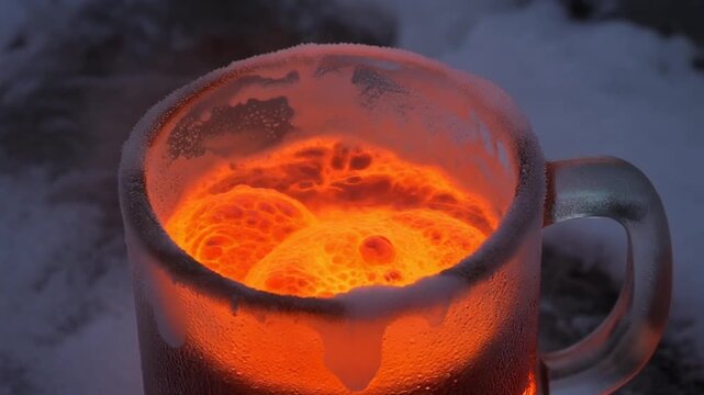 Frozen Fire: Bubbling Hot Orange Magma in a Frost-Covered Glass Mug