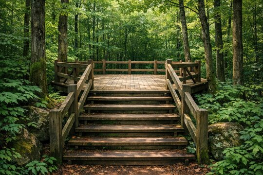 A wooden bridge spans a serene forest landscape