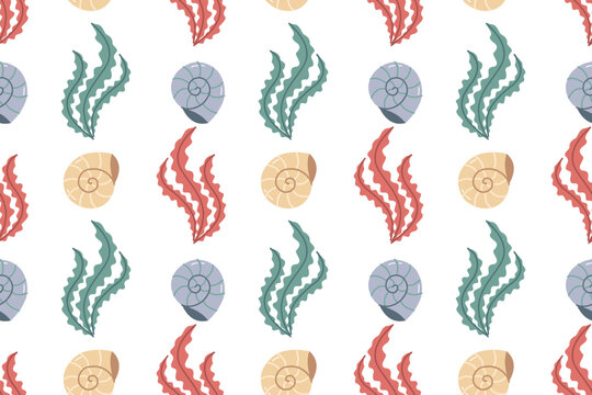 Seaweed seamless pattern with cute seashells and marine kelp on white background for nursery fabric, wrapping paper and kids wallpaper