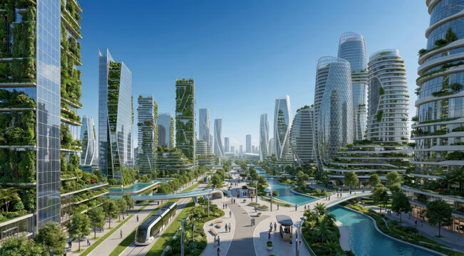 citt&agrave; ecologica del futuro con grattacieli verdi e giardini verticali. Generative AI 