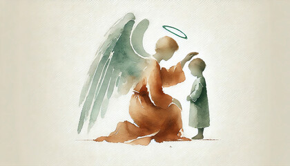 Obraz premium Guardian Angel Protecting Child Minimalist Watercolor Illustration