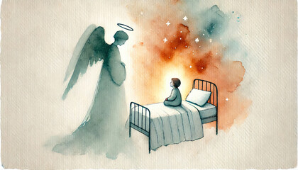Obraz premium Guardian Angel Protecting Child Minimalist Watercolor Illustration