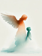 Obraz premium Guardian Angel Protecting Child Minimalist Watercolor Illustration