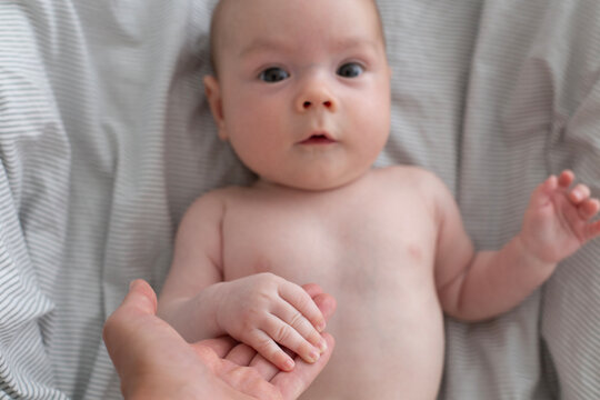 A cute little 3-month-old baby boy is lying on a bed with a white striped sheet and holding his mother's hand. Focus on holding hands. Newborn.