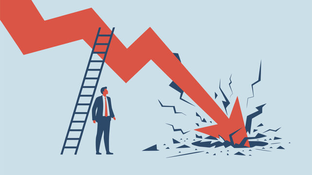 Businessman standing by ladder looking at crashing red graph Vector, illustration