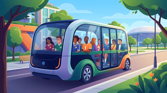An autonomous shuttle transporting diverse passengers through a modern green city park near an urban stadium