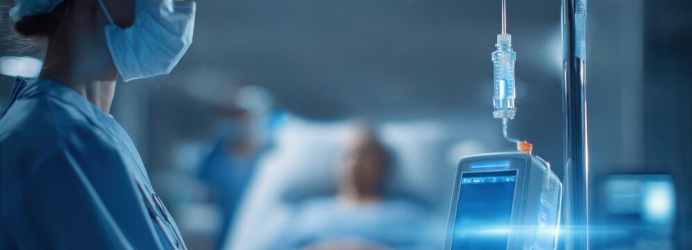 Nurse prepares treatment in oncology ward as patient receives care in background