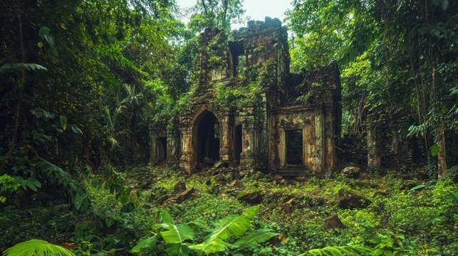 Ancient ruins overgrown by jungle.  Ruined temple hidden in dense foliage.  Nature reclaiming lost civilization. Lush green jungle surrounds decaying stone structure