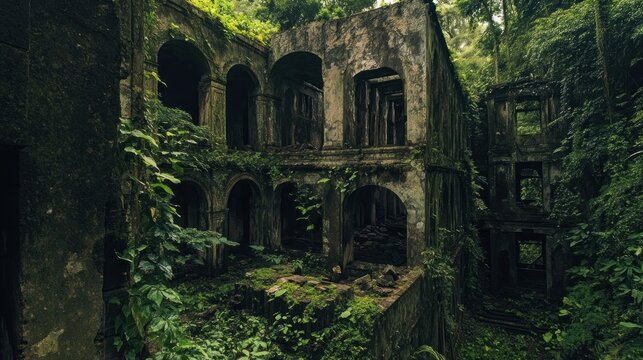 Jungle-engulfed ruin, overgrown with vegetation.  Decaying architecture, overgrown with lush foliage