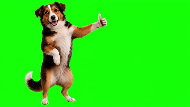 Realistic 3D dog giving thumbs up gesture with subtle smile, isolated on chroma key green screen background. Real animal character. Photorealistic. 
