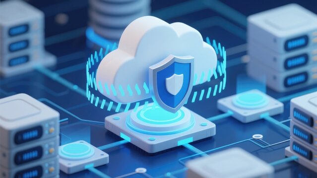 Futuristic cloud cybersecurity infrastructure with secure server protection and AI powered digital data network system, idea for enterprise cloud defense