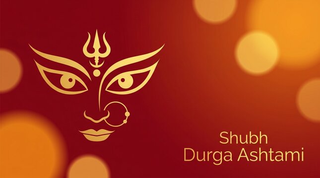 Minimalist Durga Ashtami festive background with golden silhouette of Goddess Durga face, Trishul symbol, and greeting text on red bokeh background with copy space.