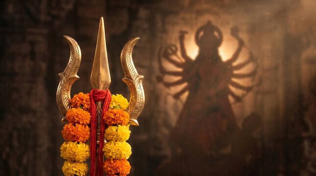 Close-up of a golden Trishul trident decorated with marigold flowers garland, with a blurred silhouette of Goddess Durga in the moody temple background.