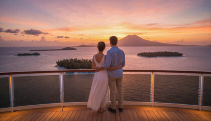 Fototapeta premium Romantic couple standing on cruise ship balcony overlooking tropical sunset and ocean landscape