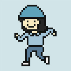 Obraz premium Cartoon happy woman girl jogging run in progress with exercise workout pixel art.