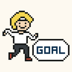 Obraz premium Cute cartoon man boy run marathon with 8 bit goal progress exercise pixel art.