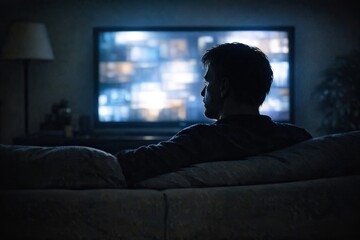 Fototapeta premium A person relaxing on a couch with a TV on, a common scene for leisure time