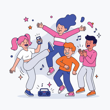Energetic group of diverse teenagers dancing to music.